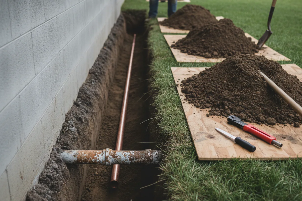 Excavated water line trench during Water Softener Installation in Hellier